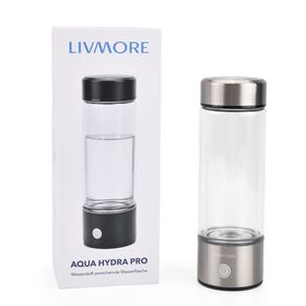 LIVMORE- doppelwandige Wasserstoff Wasserflasche 300 ml, SPE PEM, Borosilikatglas, USB Akku, Silber