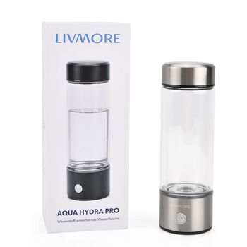 LIVMORE doppelwandige Wasserstoff Wasserflasche 300ml, SPE PEM, Borosilikatglas, USB Akku, Silber