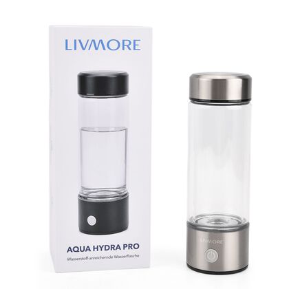 LIVMORE- doppelwandige Wasserstoff Wasserflasche 300 ml, SPE PEM, Borosilikatglas, USB Akku, Silber
