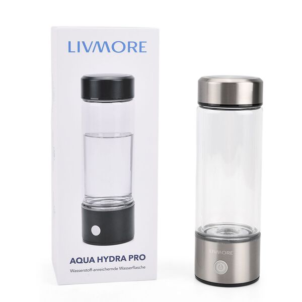 LIVMORE- doppelwandige Wasserstoff Wasserflasche 300 ml, SPE PEM, Borosilikatglas, USB Akku, Silber image number 0