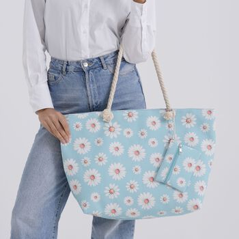 2er Set Tragetaschen, Blumenprint, Blau