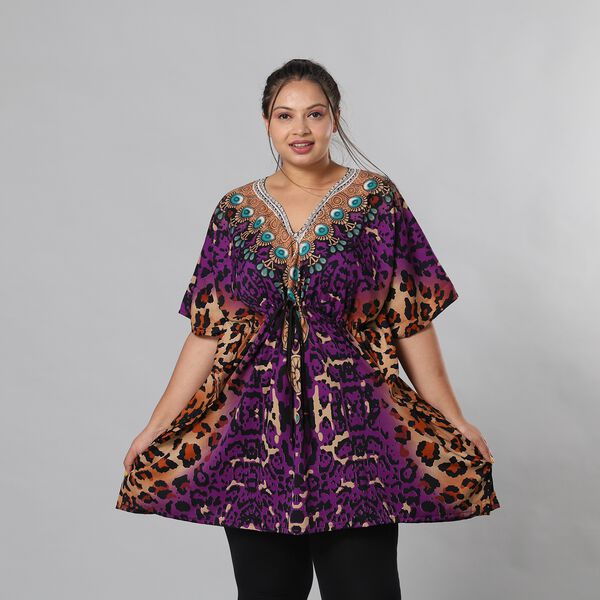 V-Ausschnitt bedruckter Kaftan, Einheitsgr&ouml;&szlig;e Lila image number 2