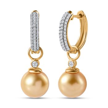 Goldene S&uuml;dsee Perle, Wei&szlig;er Zirkon Ohrringe 925 Silber Gelbgold Vermeil
