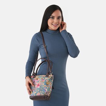 Crossbody Tasche aus Baumwolle, Blockdruck, 25,4x23cm, Hellblau