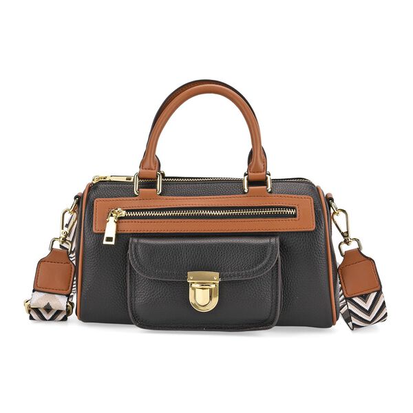 Crossbody Tasche aus 100% echtem Leder mit gemustertem Schulterriemen, 25,5x13x13,5cm, Schwarz image number 0