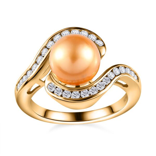 Goldene S&uuml;dsee Perle, Moissanit Ring, (9-11mm), 925 Silber Gelbgold Vermeil ca. 0.56 ct image number 3