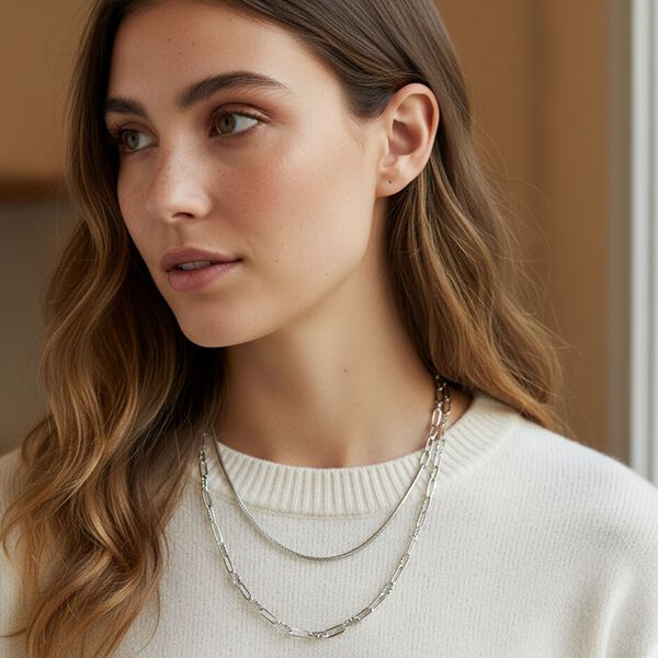 DESIGNER INSPIRIERT - 2er Fancy 316L Edelstahl Ketten Set ca. 50 cm ca. 2,26g, Silberfarben image number 3