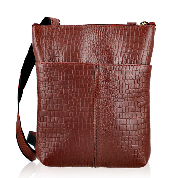 Echtleder Crossbody Tasche mit Kroko Prägung, Multi-Fächer, 20 x 24 cm, Kirsch image number 5