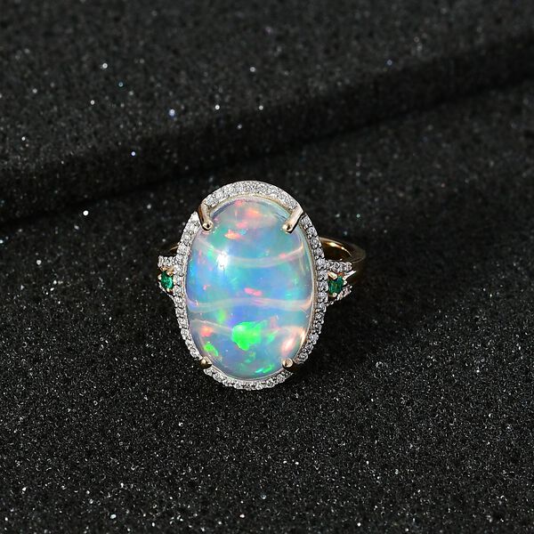 AAAA Natürlicher, äthiopischer Welo Opal, Diamant und kolumbianischer Smaragd-Ring in 585 Gold - 9,01 ct. image number 10