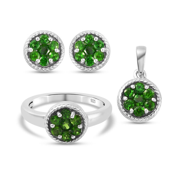 3er-Set Nat&uuml;rlicher Chromdiopsid Solit&auml;r Ring, Ohrstecker und Anh&auml;nger 925 Silber platiniert ca. 1,82 ct