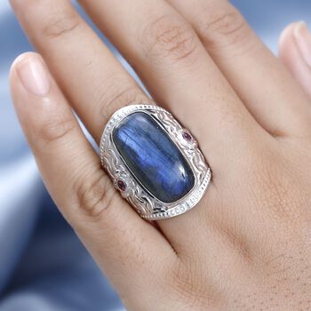 AAA Labradorit, Nat&uuml;rlicher Rhodolith Granat Ring, 925 Silber platiniert, (Gr&ouml;&szlig;e 18.00) ca. 17.68 ct