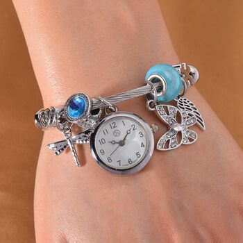 STRADA - Japanisches Uhrwerk mit wei&szlig;em Kristall, Stahl-Glanz, blaue Perlen und Charms, Edelstahl