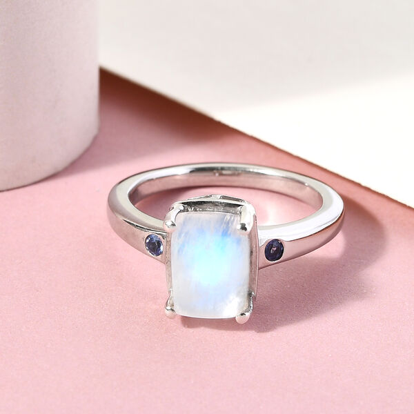 Regenbogen Mondstein und Tansanit Ring 925 Silber platiniert  ca. 2,15 ct image number 2