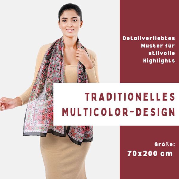Bedruckter Schal aus 100% Seide, Mehrfarbiges Muster mit schwarzer Bordüre, 70x200 cm image number 2