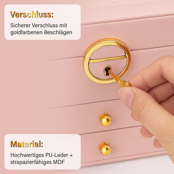 3-lagige Schmuckbox aus PU mit Diamantmuster und 5 Silberputzt&uuml;chern, Rosa
