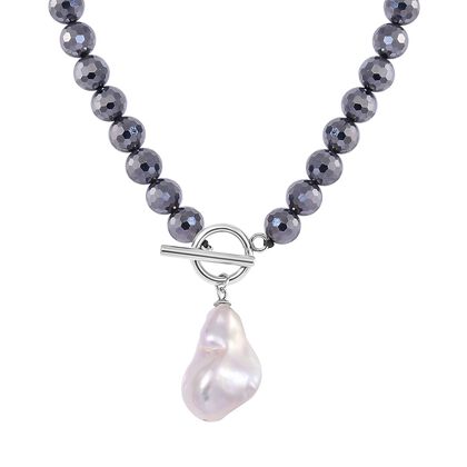 Terahertz facettiert, Wei&szlig;e S&uuml;&szlig;wasser Perle Halskette ca. 50 cm 316L Edelstahl