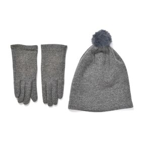 LA MAREY 2er-Set Kaschmir Mützen und Handschuhen mit Mikroplüsch-Futter, Grau