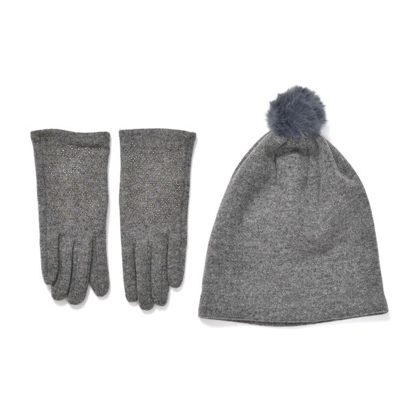 LA MAREY 2er-Set Kaschmir M&uuml;tzen und Handschuhen mit Mikropl&uuml;sch-Futter, Grau