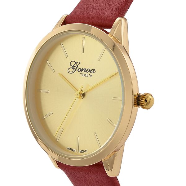 GENOA TIME V2 - Quarzuhr mit japanischem PC21S Werk, goldenem Zifferblatt und rotem Lederarmband, goldfarbenem Gehäuse, 3 ATM wasserdicht image number 3