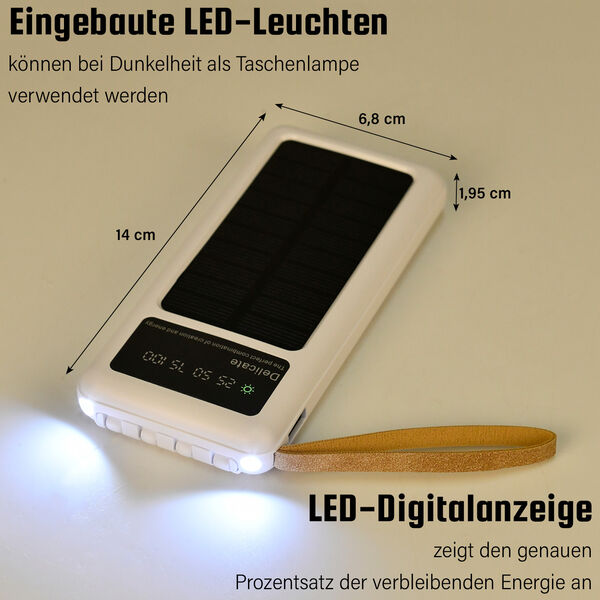 10.000mAh Solar Powerbank, multifunktional mit integrierten Kabeln und LED-Digitalanzeige, wei&szlig; image number 4
