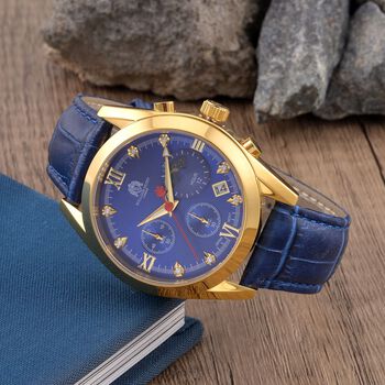 WILLIAM HUNT - 40mm Edelstahl-Uhr, japanisches Uhrwerk, wei&szlig;es Zifferblatt, Moissanit, blauem Lederband, ca.5 ctca. 0.05 ct
