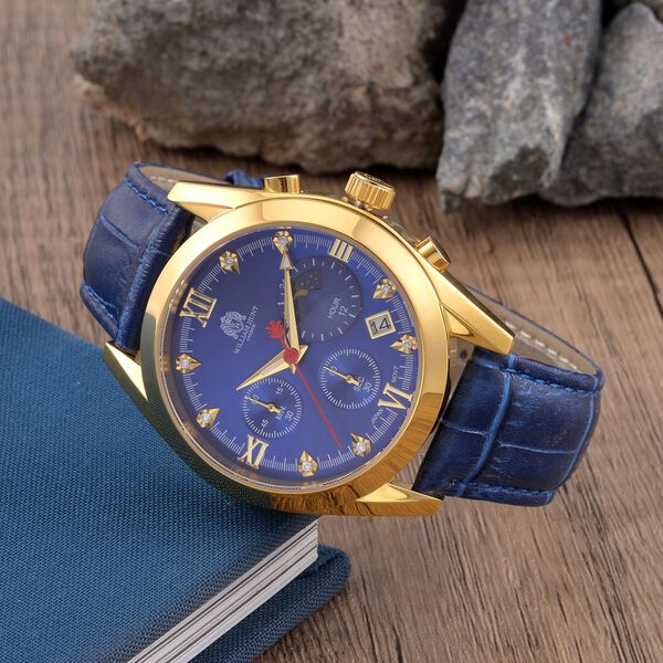 WILLIAM HUNT - 40mm Edelstahl-Uhr, japanisches Uhrwerk, wei&szlig;es Zifferblatt, Moissanit, blauem Lederband, ca.5 ctca. 0.05 ct image number 2