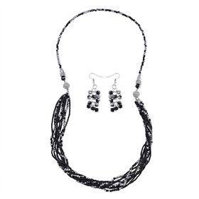 2er Set - mehrschichtiger Halsketten und Ohrringe, Schwarz-silberfarbene Kristallperlen und weiße Kristalle