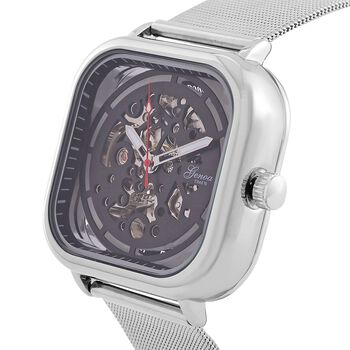 GENOA TIME V2 42mm Automatische Mechanikuhr - Schwarzes hohles Zifferblatt, Geh&auml;use aus Legierung mit IPS-Beschichtung, Edelstahl-Mesh-Armband,  3 ATM wasserdicht, Reiner Edelstahl 8.5 cm