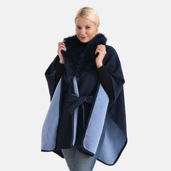 LA MAREY - Poncho mit Kunstfellkragen und Gürtel, One Size, Blau image number 3