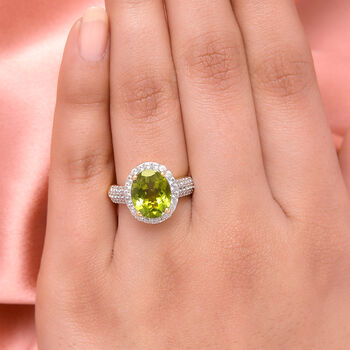 Nat&uuml;rlicher Peridot und wei&szlig;er Zirkon-Ring, 925 Silber Gelbgold Vermeil  ca. 4,21 ct
