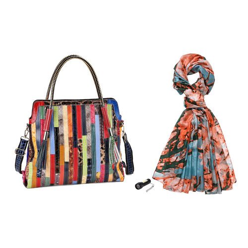 Chaos by Elsie Echtleder Crossbody Tasche im Streifenmuster mit RFID-Schutz und Mini-Taschenlampe und LA MAREY Schal aus 100% Maulbeerseide image number 0