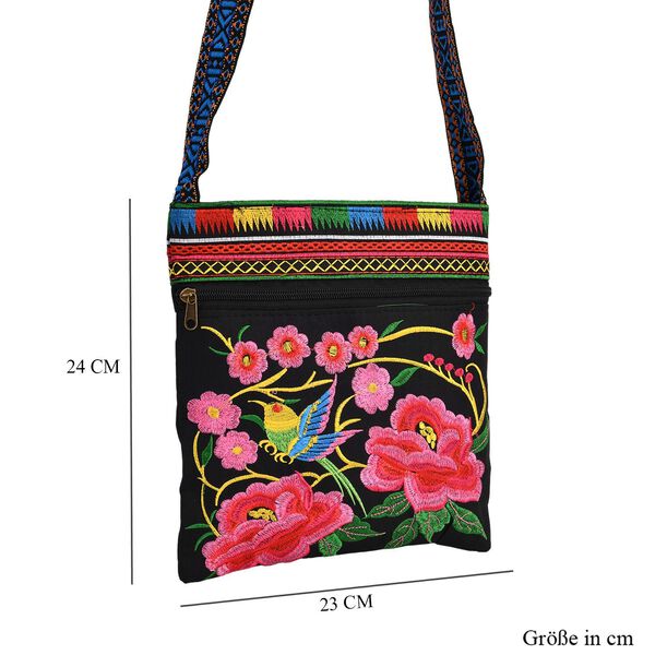 Crossbody-Tasche mit Blumenstickerei, ethnischem Boho-Muster, 23×24 cm, Schwarz-Bunt image number 7