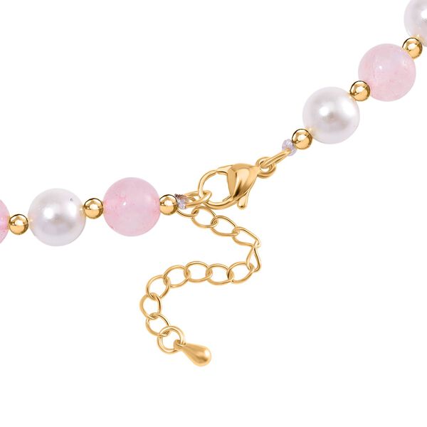 Rosenquarz, Wei&szlig;e Muschelkernperle (7-9 mm) Halskette ca. 45 cm+ 5 cm Extender gelb vergoldet image number 4
