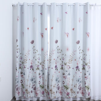 2er Set blickdichter Vorhang mit 8 Metallringen, Blumenwiese