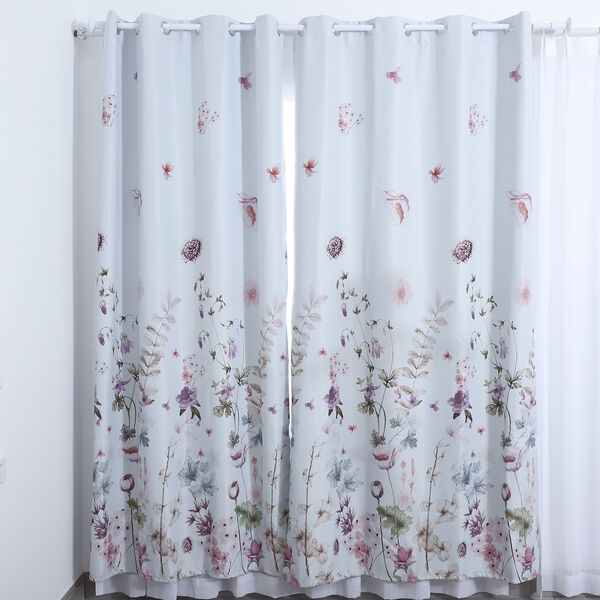 2er-Set - Verdunkelungsvorh&auml;nge mit 8 Metallringen, Blumenwiese, Rosa-Lila&nbsp;