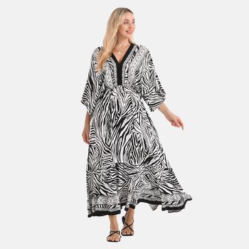 Maxikleid mit Zebraprint, V-Ausschnitt, elastischer Taille und R&uuml;ckenschleife, 38&times;135 cm, Schwarz-wei&szlig;