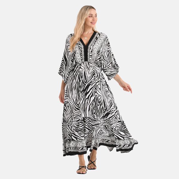 Maxikleid mit Zebraprint, Kimono-&Auml;rmeln, Stufenrock und R&uuml;ckenschleife, elastische Taille, 100% Viskose, 38x135 cm (erweiterbar bis 62 cm), Mehrfarbig