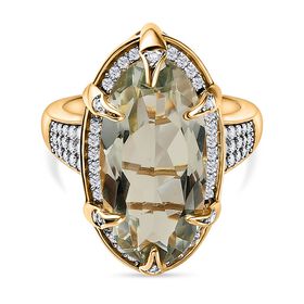 Prasiolith, Weißer Zirkon Ring, 925 Silber vergoldet, (Größe 19.00), ca. 9.93 ct