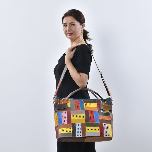 Chaos by Elsie: Patchwork Schultertasche aus 100% echtem Leder mit RFID Schutz, Gr&ouml;&szlig;e 43x15x32 cm, Mehrfarbig image number 2