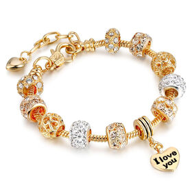 Designer-inspiriertes Charm-Armband - Mehrfach-Glassteine mit AB-weißen Kristallsteinen, Messing vergoldet, 19 cm