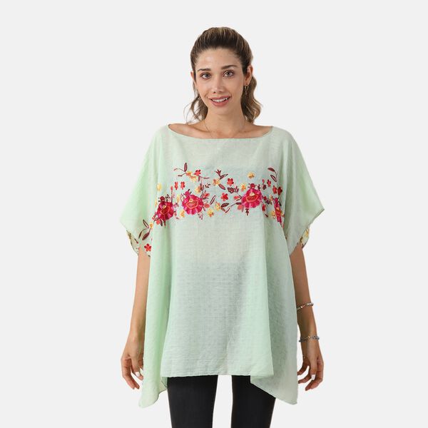 T-Shirt mit Blumen-Stickerei, Hellgr&uuml;n, Einheitsgr&ouml;&szlig;e