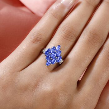 AA Tansanit und Diamant Cluster Ring 925 Silber Platin-&Uuml;berzug