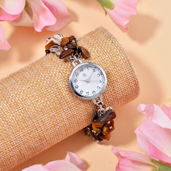 Strada Tigerauge-Perlenuhr, Japanisches Uhrwerk, Legierungsgeh&auml;use, Wei&szlig; mit schwarzen Ziffern image number 2