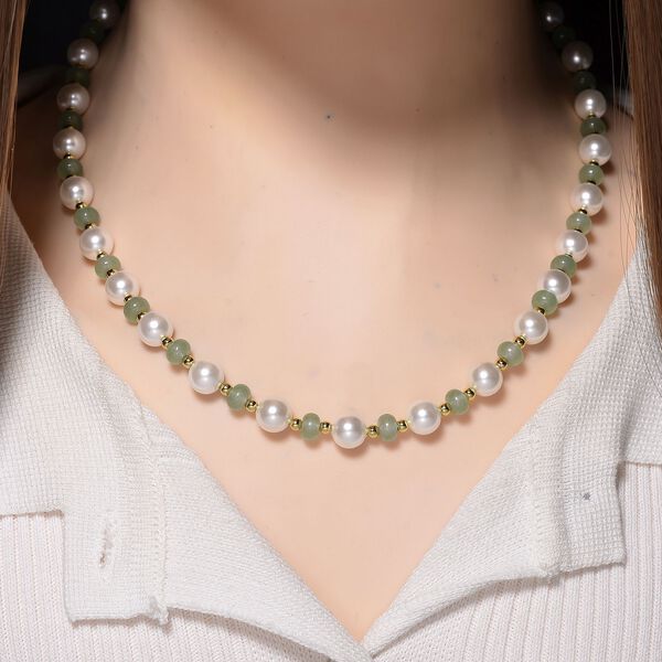 Wei&szlig;e Muschelkernperle (7-9 mm), Gr&uuml;ner Quarz Halskette ca. 45 cm+ 5 cm Extender, gelb vergoldet image number 2