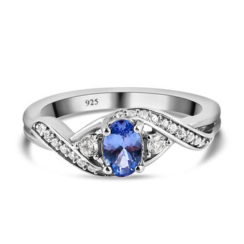 Tansanit und wei&szlig;er Zirkon-Ring, 925 Silber platiniert (Gr&ouml;&szlig;e 20.00) ca. 0,67 ct