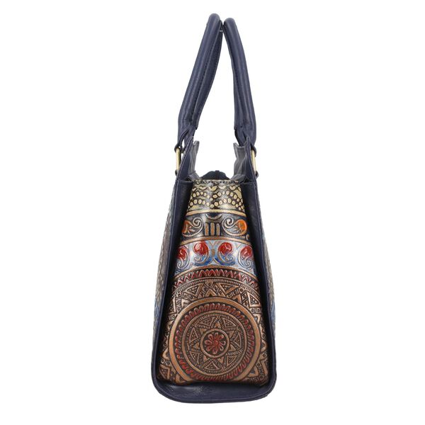 Handbemalte Satchel-Tasche aus 100% Echtleder mit kunstvoller Pr&auml;gung und Mandala-Design, 31x10x23cm, Blau-Braun image number 6