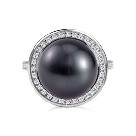 13-14mm Tahiti Perle und Zirkon Ring - 1,04 ct.