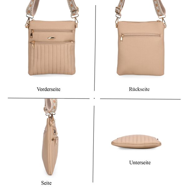 Crossbody-Tasche mit gemustertem Schulterriemen und vielen Fächern, 23×26 cm, Beige image number 3