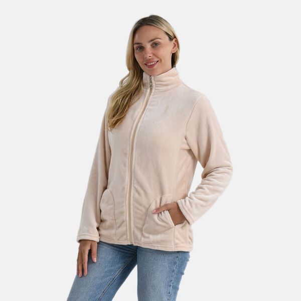 LA MAREY - Velvet Kuschel Jacke mit Rei&szlig;verschluss und Taschen, Beige, L / XL image number 3