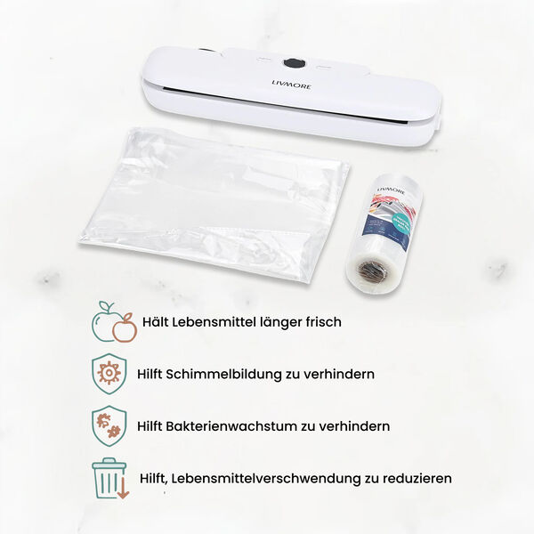 LIVMORE Vakuumierger&auml;t mit Schwei&szlig;- und Vakuumfunktion, inkl. Rollenbeutel und 10 Vakuumbeuteln, Wei&szlig; image number 5